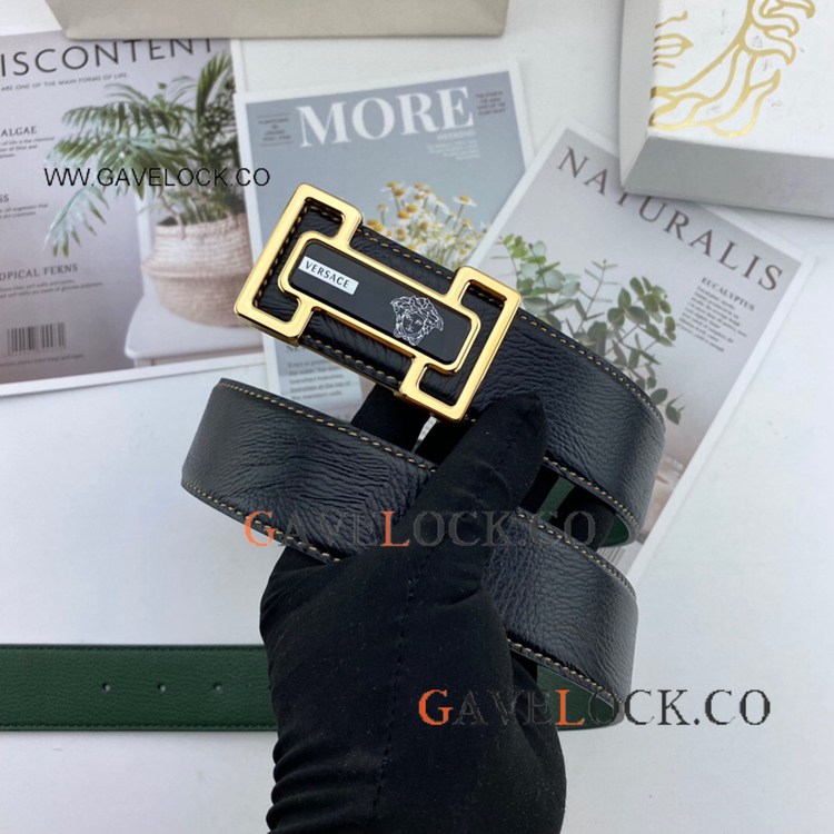 2021 Copy Versace Green/Black Reversible Belt Gold Buckle